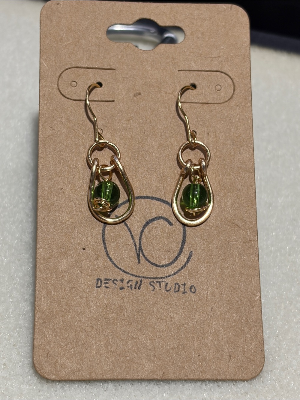 Gold Drop Earrings with Green Glass Beads